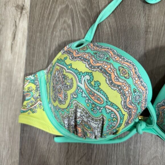 Victoria's Secret Swimsuit Push Up Bkini Top 36B Yellow Paisley Halter Neck - Picture 2 of 9